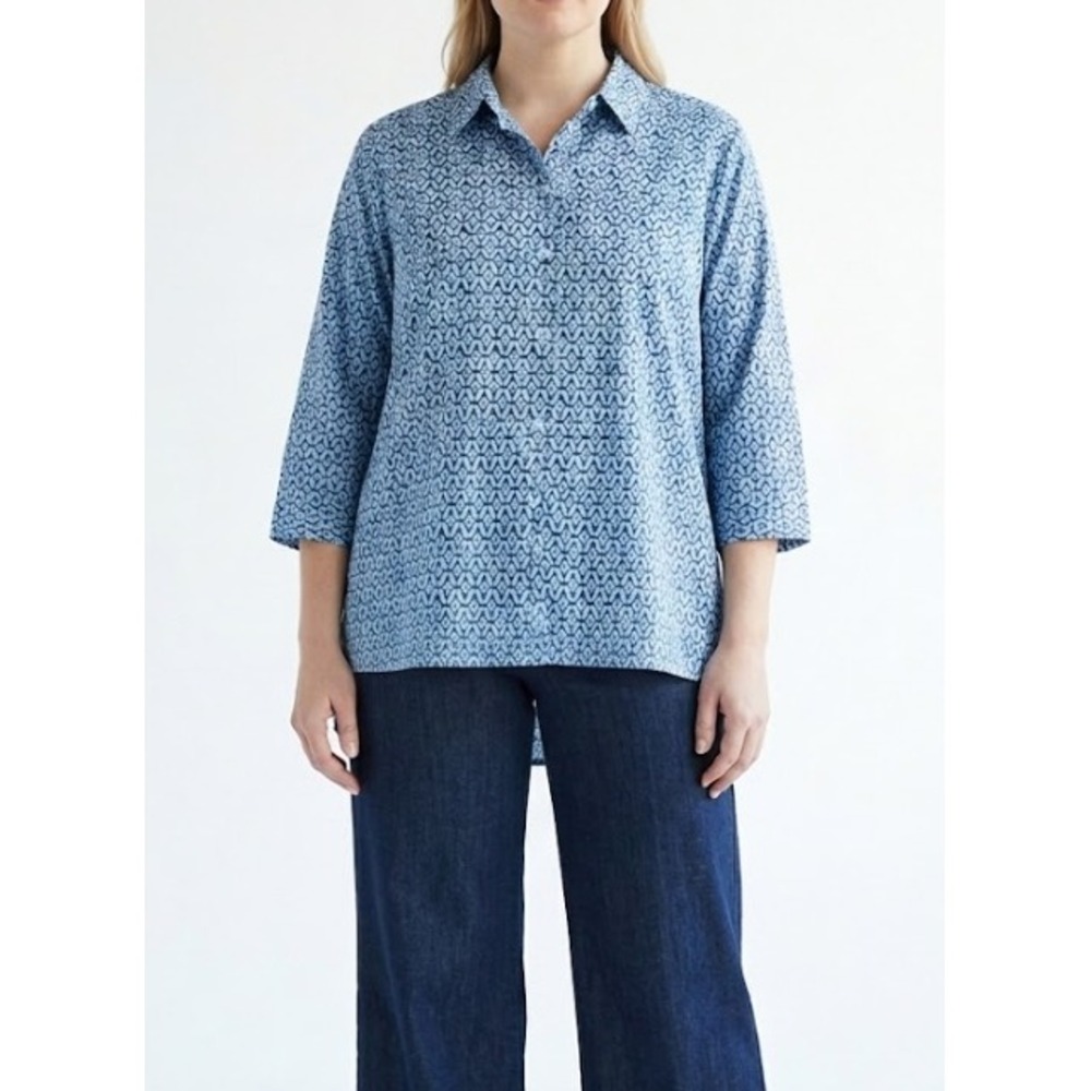 Chico's Button Down Shirt Size Large Geometric Ikat Print 3/4 Sleeve Relaxed